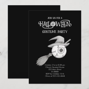 Invitación escoba de brujas de Halloween y el ojo temible