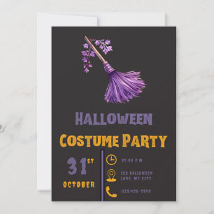 Invitación Escoba de Brujas Moradas Bonita Negra Halloween