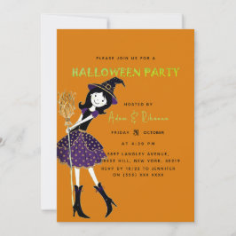 Invitación Escoba Mágica de Halloween | Naranja