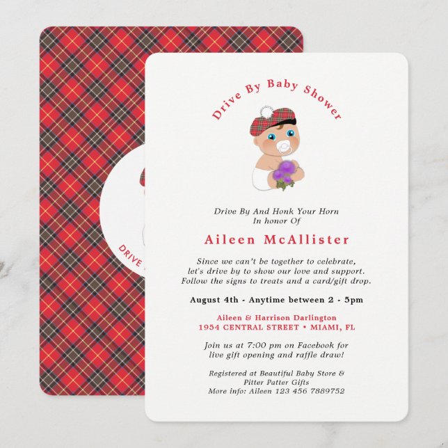 Invitación Escocia Tartan Plaid Cute Drive Por Baby Shower En (Anverso / Reverso)