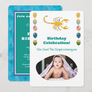 Invitación Escorpio 1er Cumpleaños Foto Impresionista Dorado