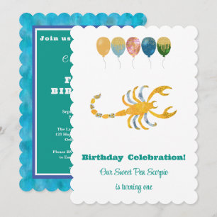 Invitación Escorpio 1er Cumpleaños Impresionista Dorado Brill