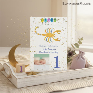 Invitación Escorpio Primer Cumpleaños de Oro, Globos y Foto