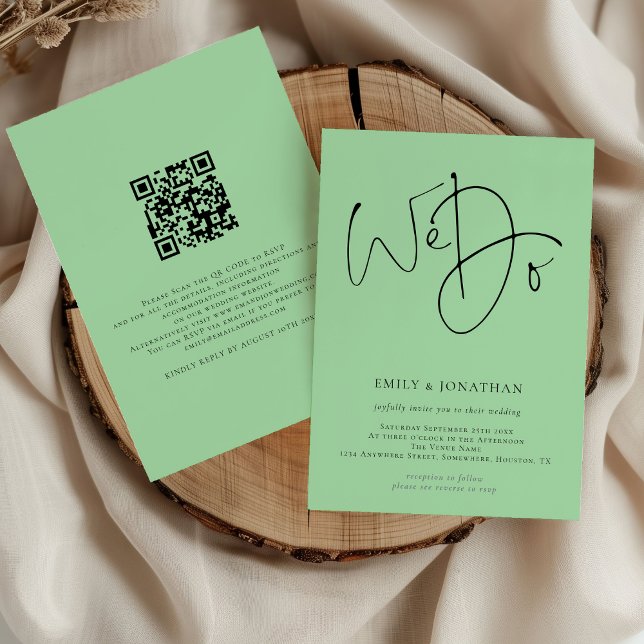 Invitación Escribimos código QR Celadon Green Boda (Front and back view)