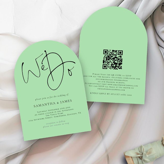 Invitación Escribimos código QR Celadon Green Boda Arch (Front and back view)