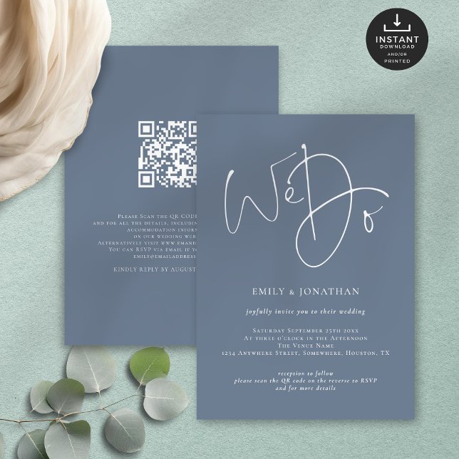 Invitación Escribimos un Boda QR azul turbio (Front and back view)