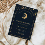 Invitación Escrito celestial en las estrellas Salva la fecha<br><div class="desc">Diseñado para coordinarse con nuestra colección celestial mística, este personalizable único ahorra la tarjeta de invitación a la fecha con preciosos elementos celestes dorados sobre un fondo marino oscuro. Para una personalización más avanzada de este diseño, por ejemplo, cambiar el diseño, el tamaño de letra o el tamaño del texto,...</div>