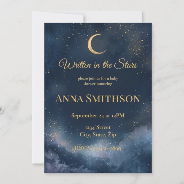 Invitación Escrito en las Estrellas | Bebe Celestial Azul Mar (Anverso)
