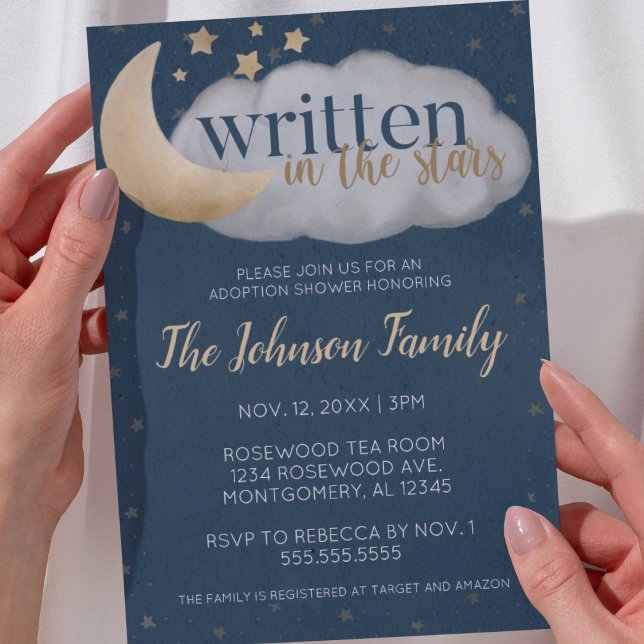 Invitación Escrito En Las Estrellas De Adopción De Baby Showe (written in the stars watercolor moon and stars adoption shower invitation gender neutral celestial)