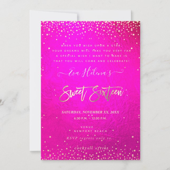 Invitación Escrito en las estrellas Sweet 16, Flashy Neon Pin (Anverso)