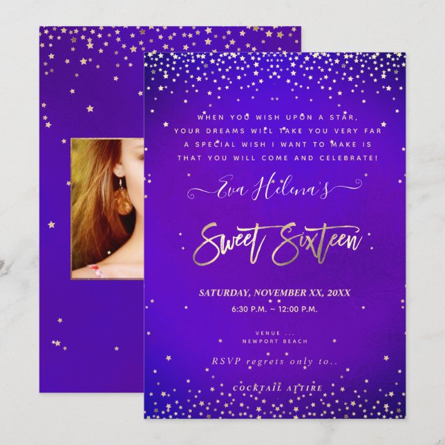 Invitación Escrito en las estrellas Sweet 16, ultra violeta (Anverso / Reverso)