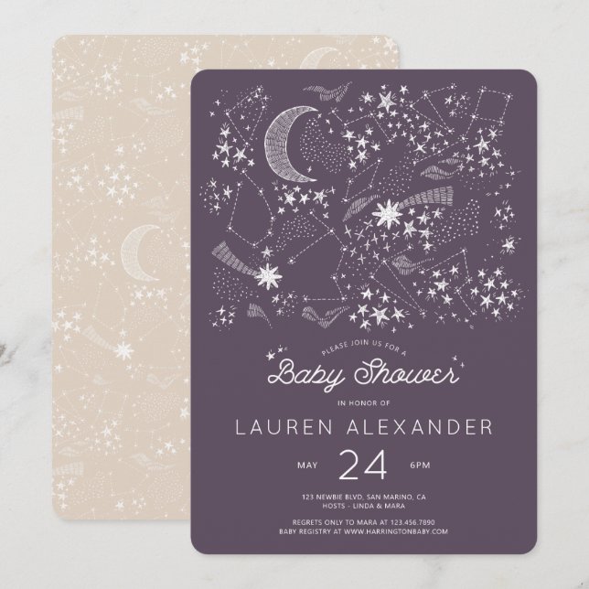 Invitación Escrito en Stars Baby Shower Eggplant (Anverso / Reverso)