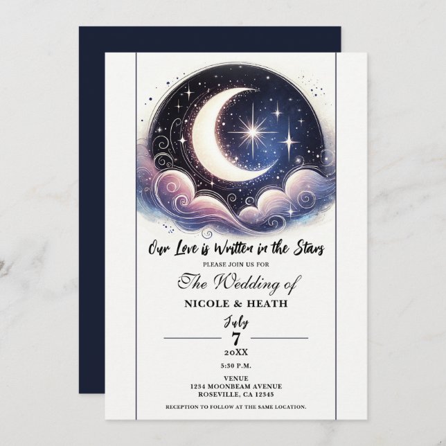 Invitación Escrito en Stars Watercolor Moon Boda (Anverso / Reverso)
