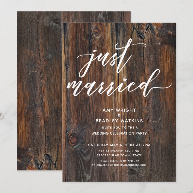 Invitación Escritura manual textual de madera recién casada (Anverso / Reverso)