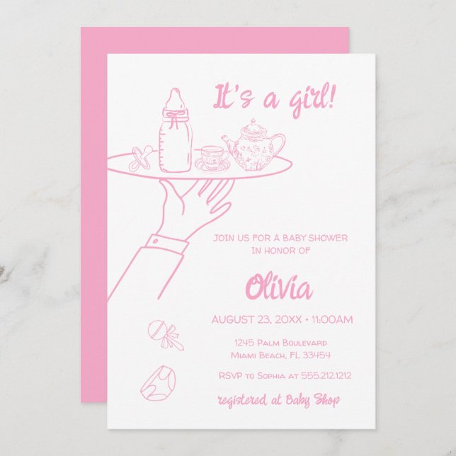 Invitación Escritura manuscrita con mano rosada Baby Shower c (Anverso / Reverso)