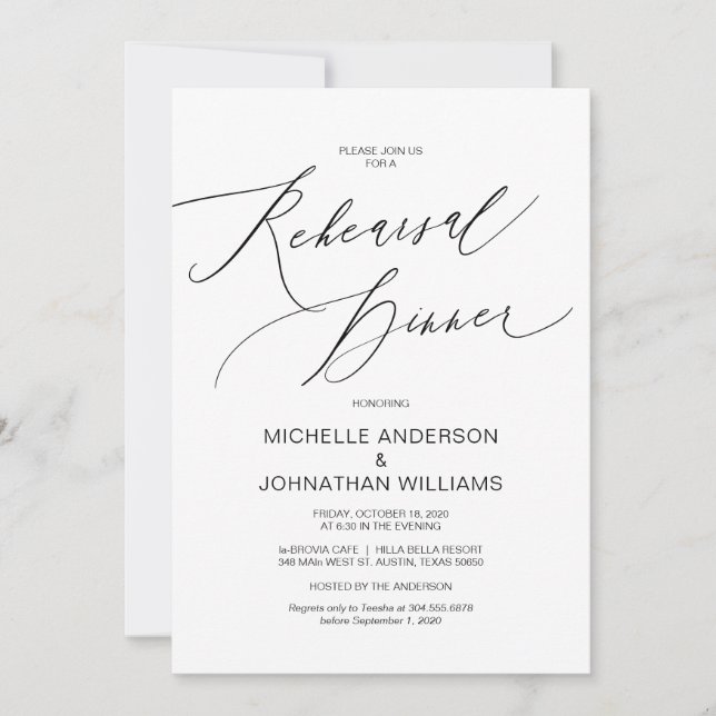 Invitación Escritura moderna, negro, ensayo Boda Cena (Anverso)