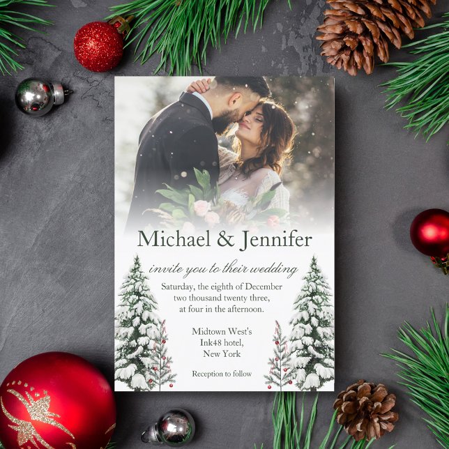 Invitación escritura verde moderna foto de boda de invierno (Subido por el creador)