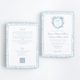 Invitación Escudo azul a medida QR RSVP Boda todo en uno