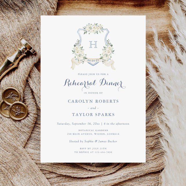 Invitación Escudo azul agitado floral ensayo Boda de cena (Subido por el creador)