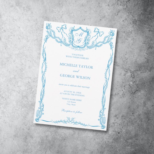 Invitación Escudo azul clásico elegante francés Monograma Bow (Subido por el creador)