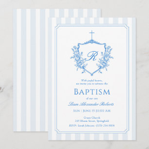 Invitación Escudo azul clásico monograma Bap