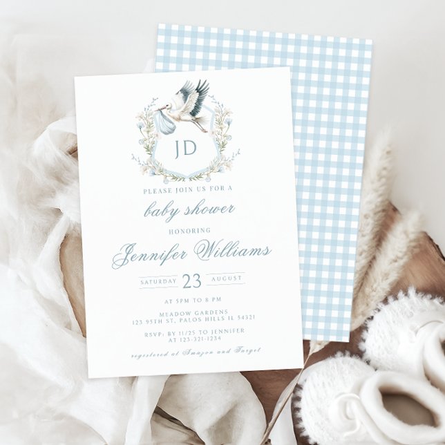 Invitación Escudo azul con cigüeña y flores niño ducha (Subido por el creador)