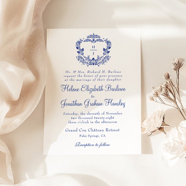 Invitación Escudo Azul de la Marina Boda Formal Elegante (Navy Blue Crest Formal Elegant Wedding Invitation)