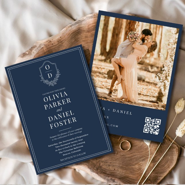 Invitación Escudo azul de la Marina Código QR Foto Boda elega (Subido por el creador)