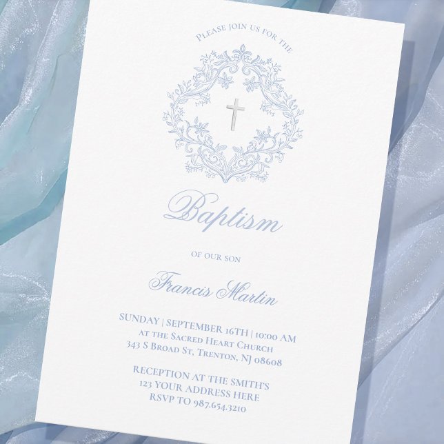 Invitación escudo azul pastel elegante niño Baptismo (Subido por el creador)
