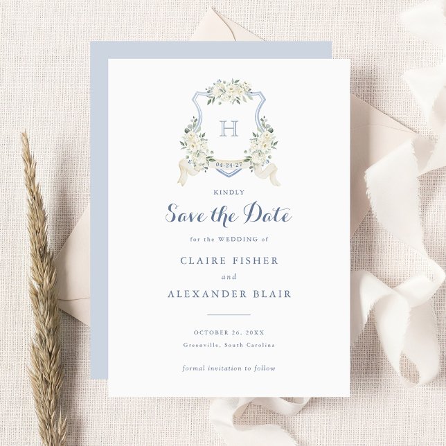 Invitación Escudo azul turbio blanco floral salva la fecha (Subido por el creador)