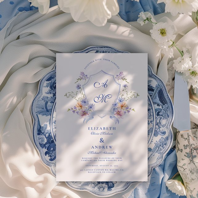 Invitación Escudo azul turbio Boda floral (Subido por el creador)