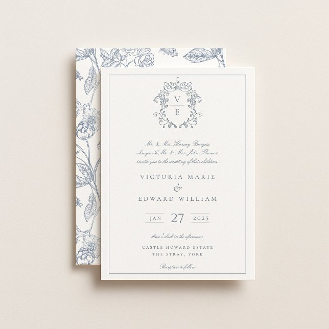 Invitación Escudo azul turbio Boda monograma (Subido por el creador)