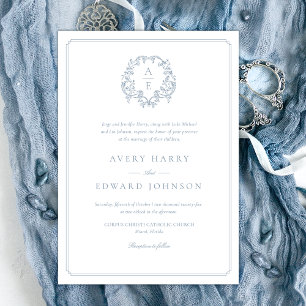 Invitación Escudo azul turbio Monograma Boda formal