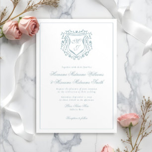 Invitación Escudo azul turbio Monograma elegante Boda elegant
