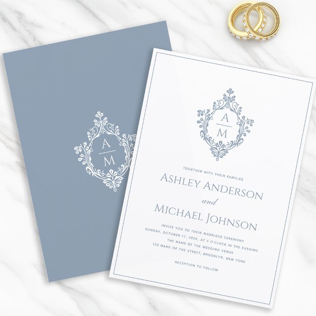 Invitación Escudo azul turbio Monograma Elegante Formal Boda (Subido por el creador)