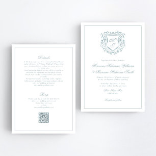Invitación Escudo azul turbio QR RSVP Boda todo en uno