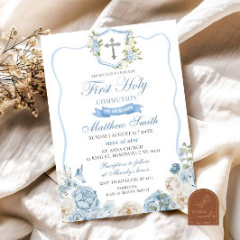 Invitación Escudo azul turbio y primera comunión floral