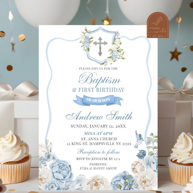 Invitación Escudo azul y bautismo floral y primer cumpleaños (Subido por el creador)