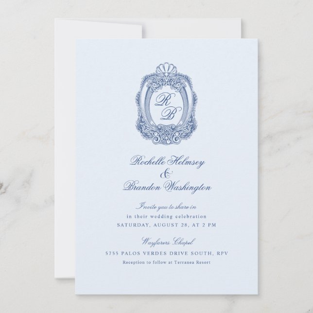 Invitación Escudo barroco Boda azul francés II (Anverso)