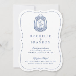 Invitación Escudo barroco Boda de corte de antigüedades azule