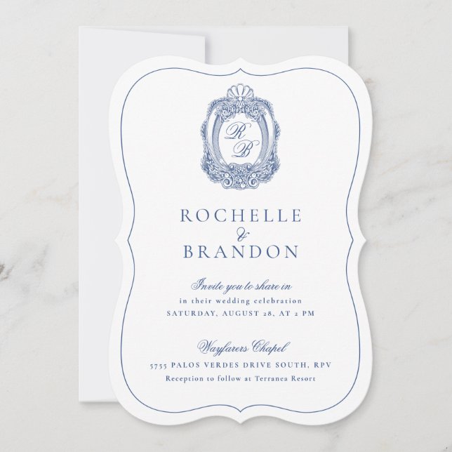Invitación Escudo barroco Boda de corte de antigüedades azule (Anverso)