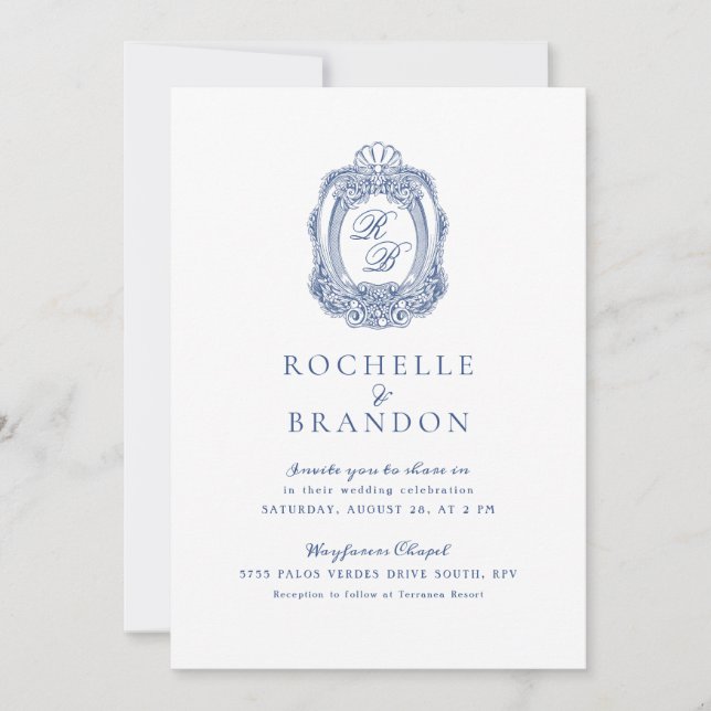 Invitación Escudo barroco Boda de la Antigüedad Azul Francesa (Anverso)