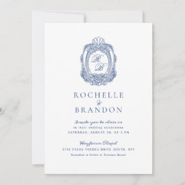 Invitación Escudo barroco Boda de la Antigüedad Azul Francesa