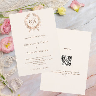 Invitación Escudo Beige monograma boda de lujo QR RSVP