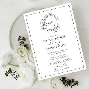 Invitación Escudo blanco negro de cuero Monograma Ducha de pa