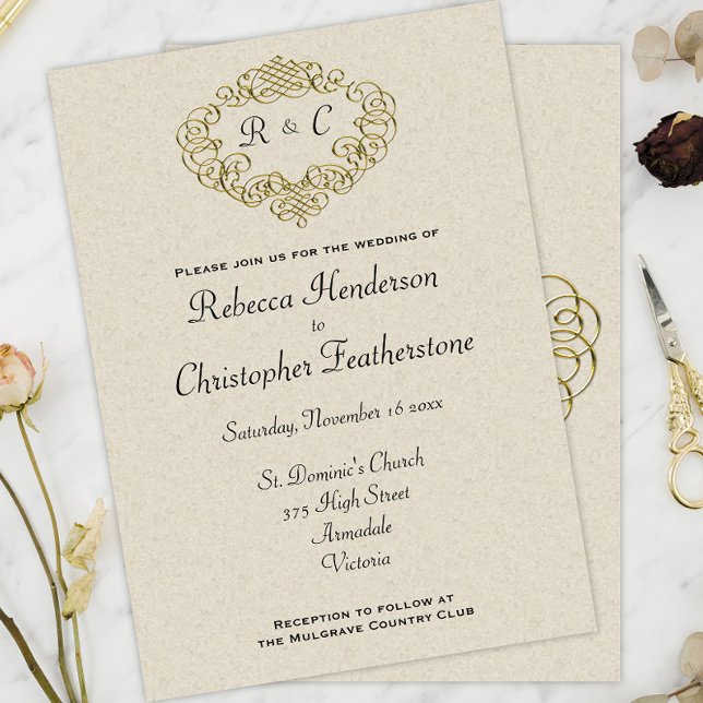 Invitación Escudo Boda Dorado Monogrammed Elegance Boda (Subido por el creador)