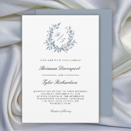 Invitación Escudo Botánico Azul Dusty Monograma Boda