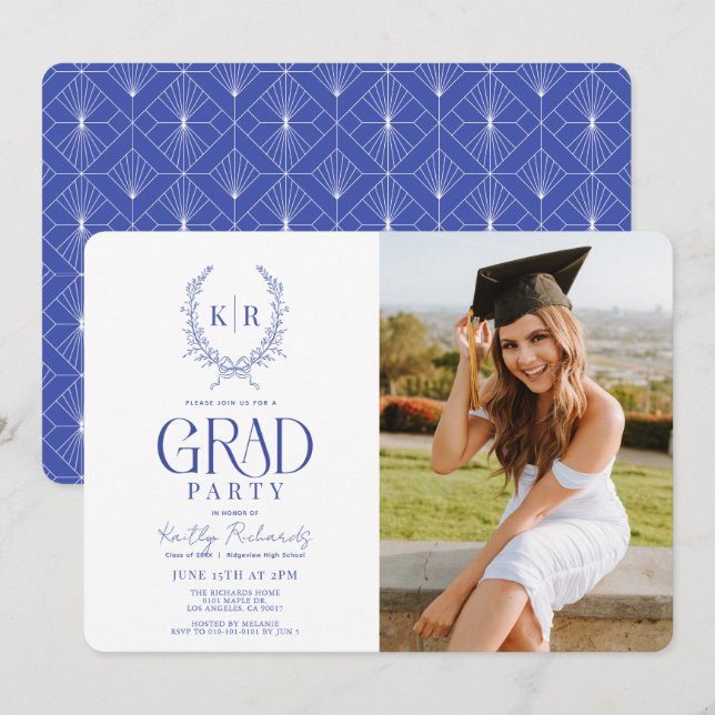 Invitación Escudo botánico azul Monograma Graduación Foto (Anverso / Reverso)