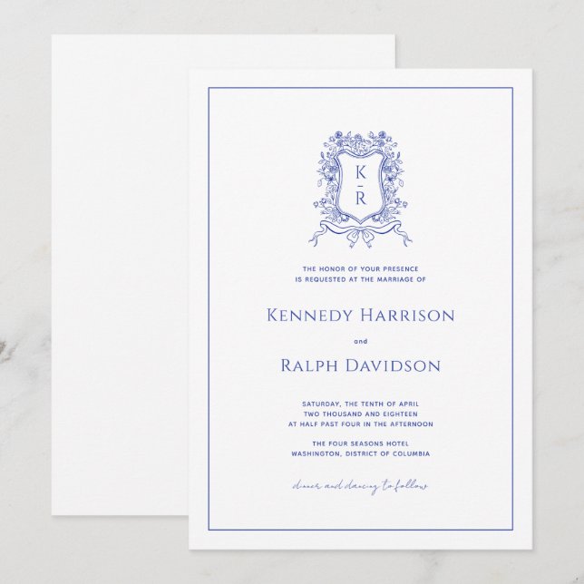 Invitación Escudo Botánico Azul y Cinta Elegante Boda (Anverso / Reverso)