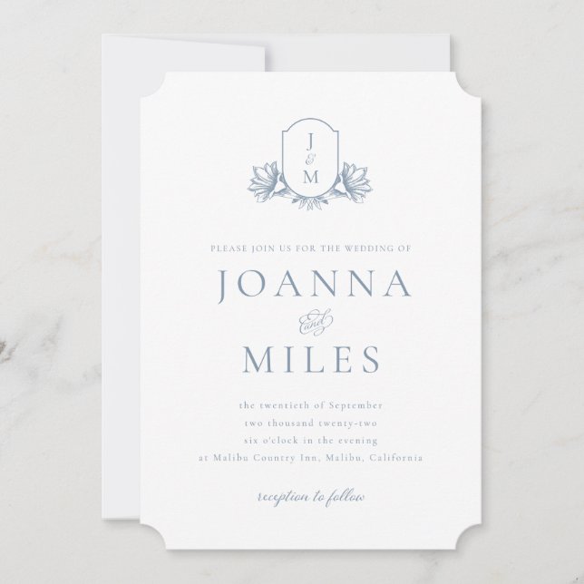 Invitación Escudo botánico Dusty Blue Monograma (Anverso)